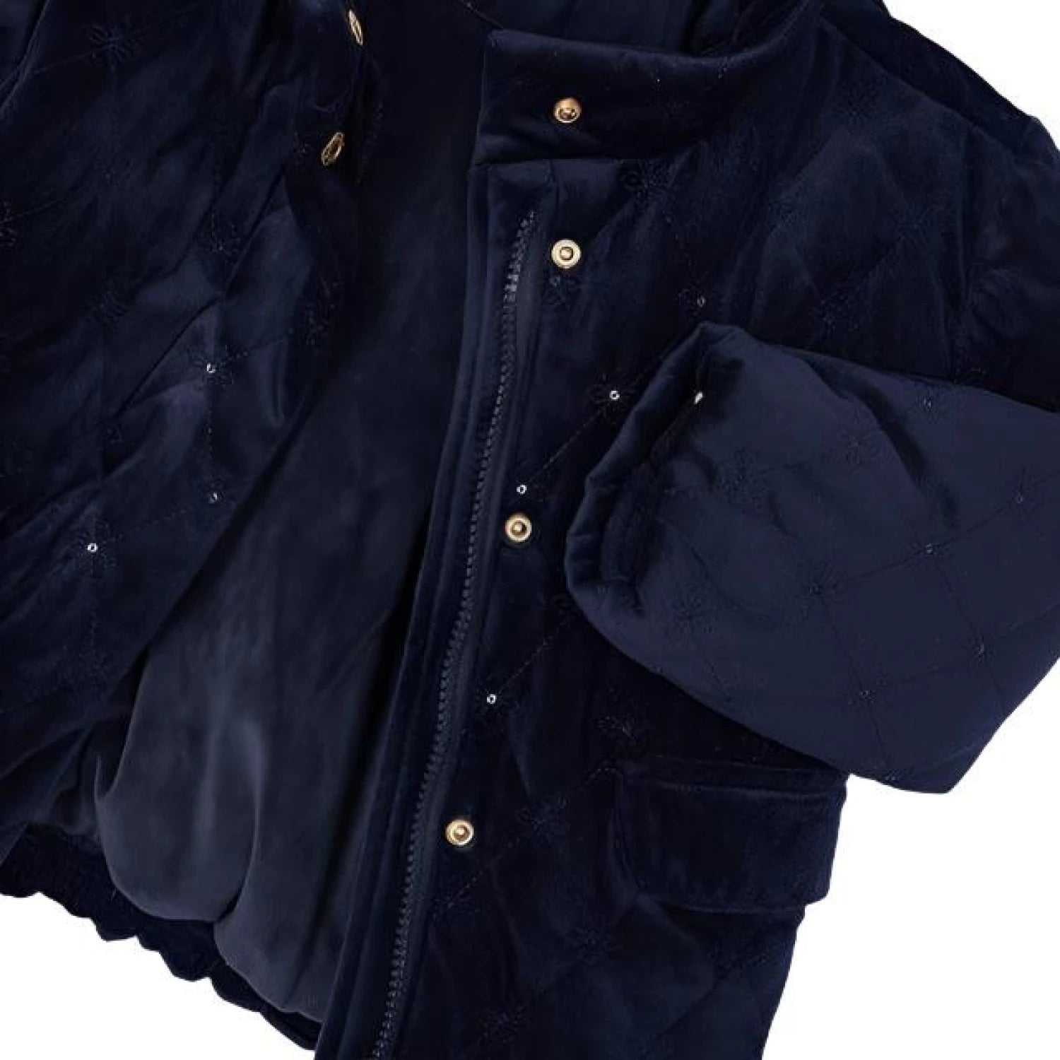 Mayoral Girl's Velvet Puffer Jacket in navy, fflat front detail