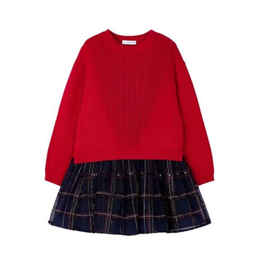 Mayoral Girl's Tulle Dress & Sweater Set in red and navy plaid, flat front