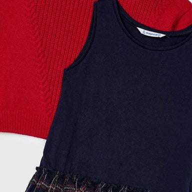 Mayoral Girl's Tulle Dress & Sweater Set in red and navy plaid, flat front detail 