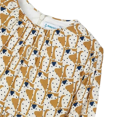 Mayoral Girl's Flowy Puppies Dress in caramel with dalmatians print, flat front upclose on the print