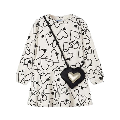 Mayoral Girl's Dress with Matching Mini Heart-Shaped Purse in natural with black heart pattern, flat front