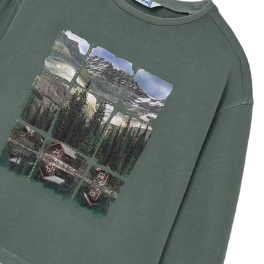 Mayoral Girl's Long Sleeve T-Shirt in seaweed, front cabin on water graphic detail