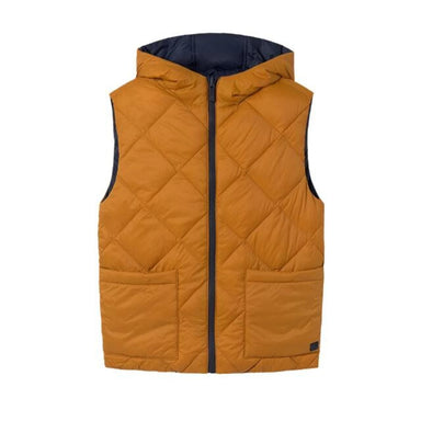 Mayoral Boy's Reversible Padded Vest shown in the Amber and Navy color option. Front view flat.