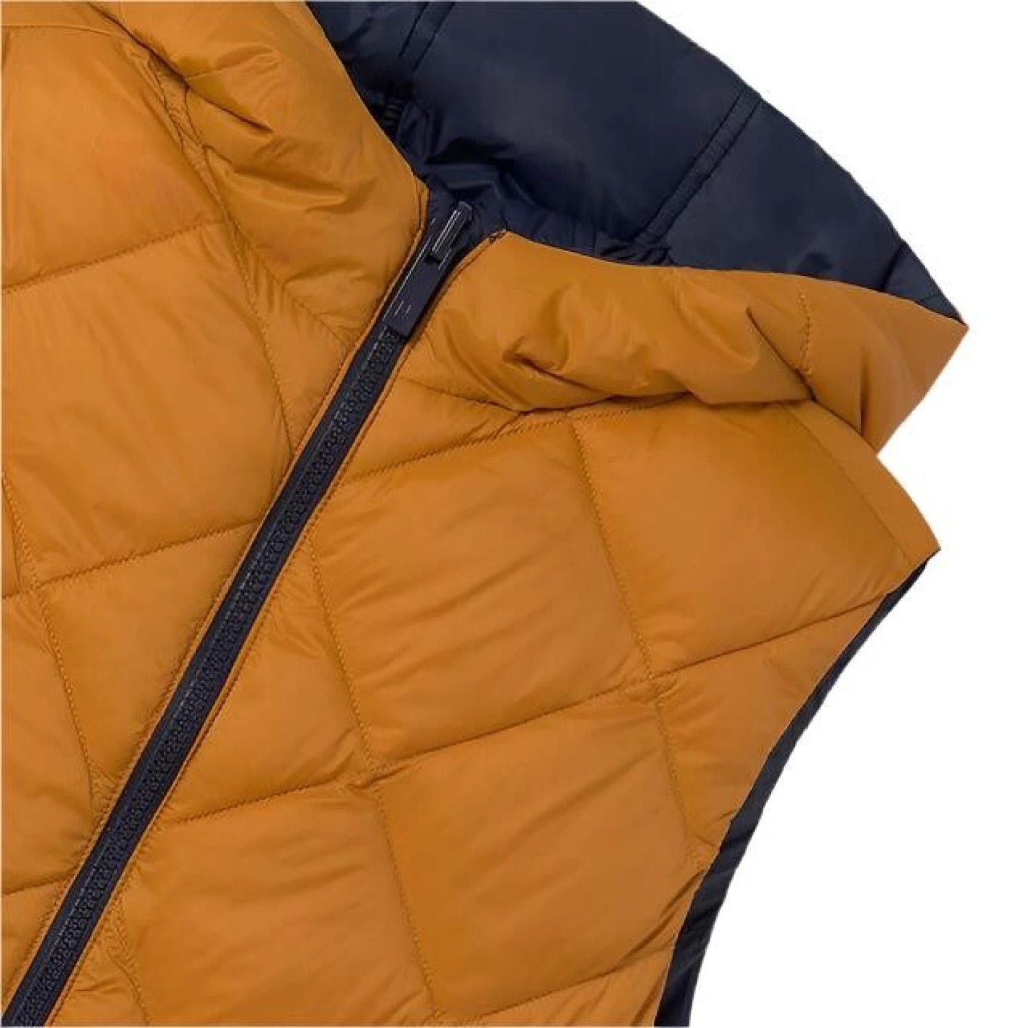 Mayoral Boy's Reversible Padded Vest shown in the Amber and Navy color option. Hood detail view flat.