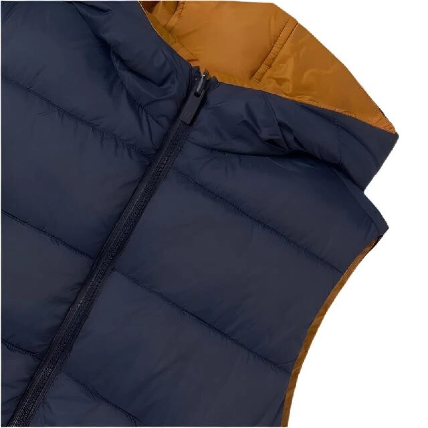 Mayoral Boy's Reversible Padded Vest shown in the Amber and Navy color option. Front view flat.