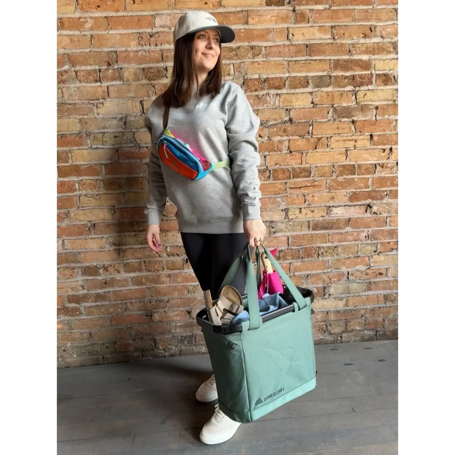 Gregory Packs Alpaca Gear Tote 30 in Nomad Green, front view full model holding