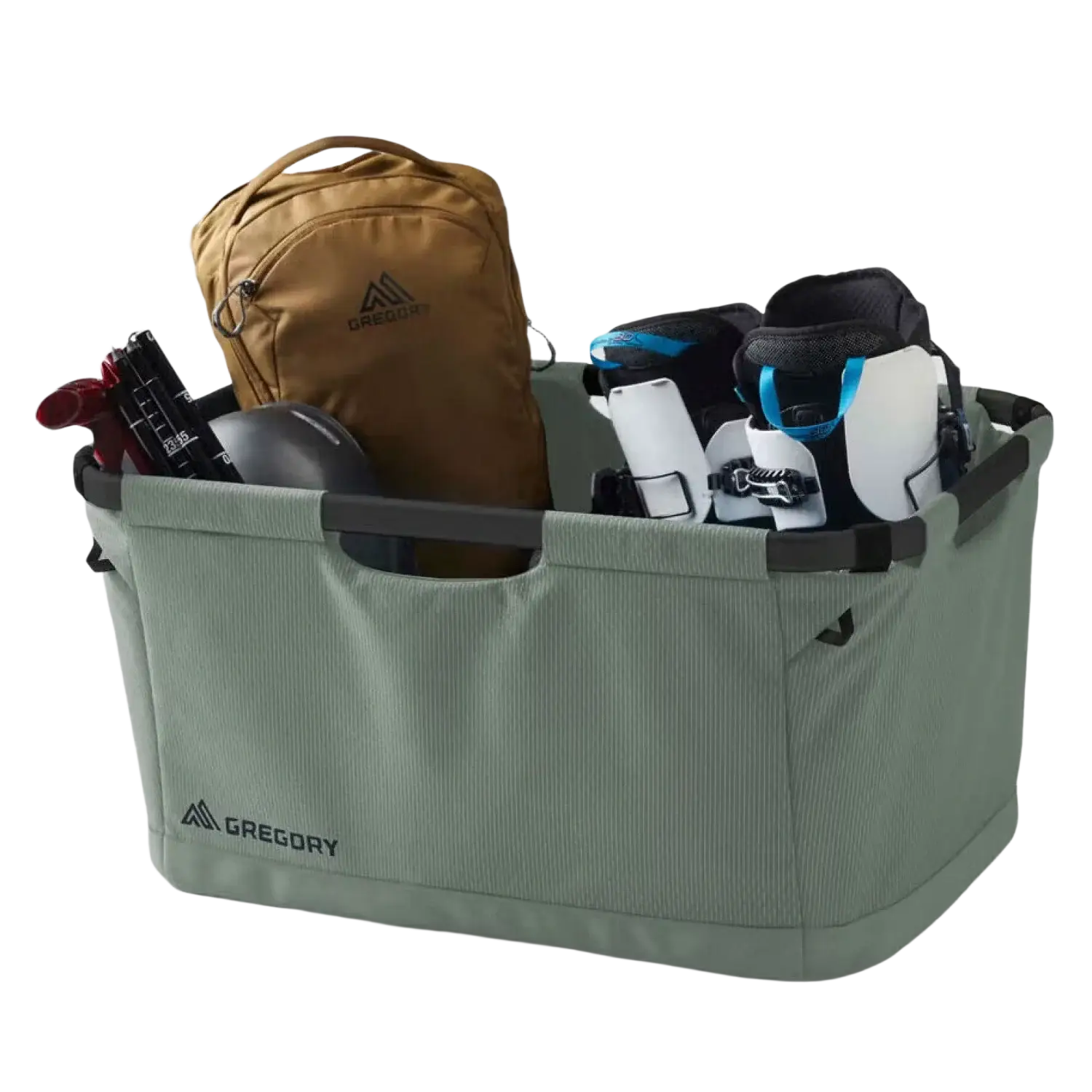 Gregory Alpaca Gear Basket 70 in nomad green, front view full of gear