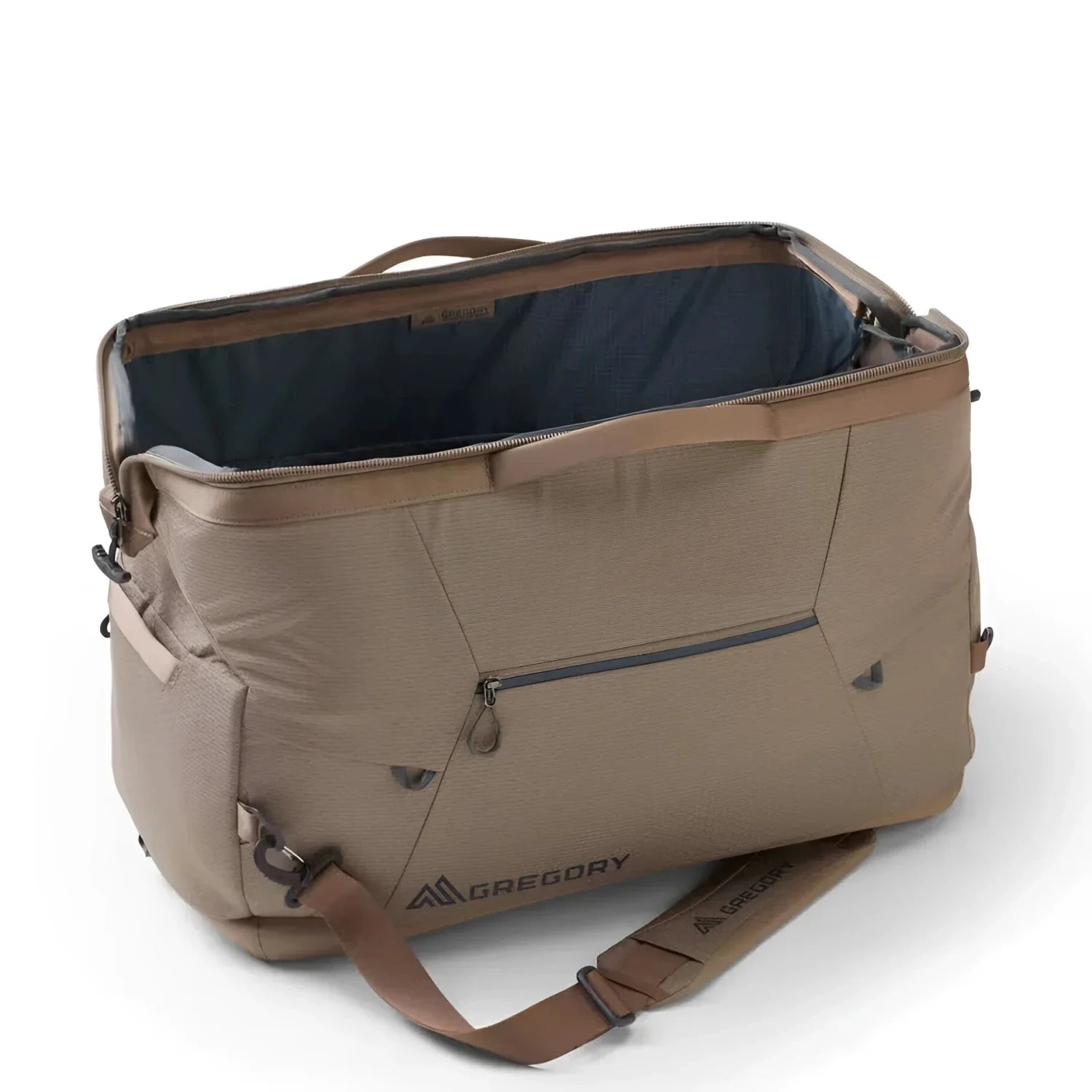 Gregory Alpaca Wide Mouth Duffel 50L in mirage tan, side view open top