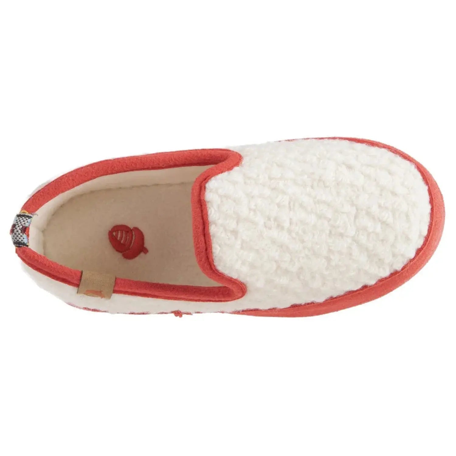 White Sherpa Slipper with red outsole and trim top view