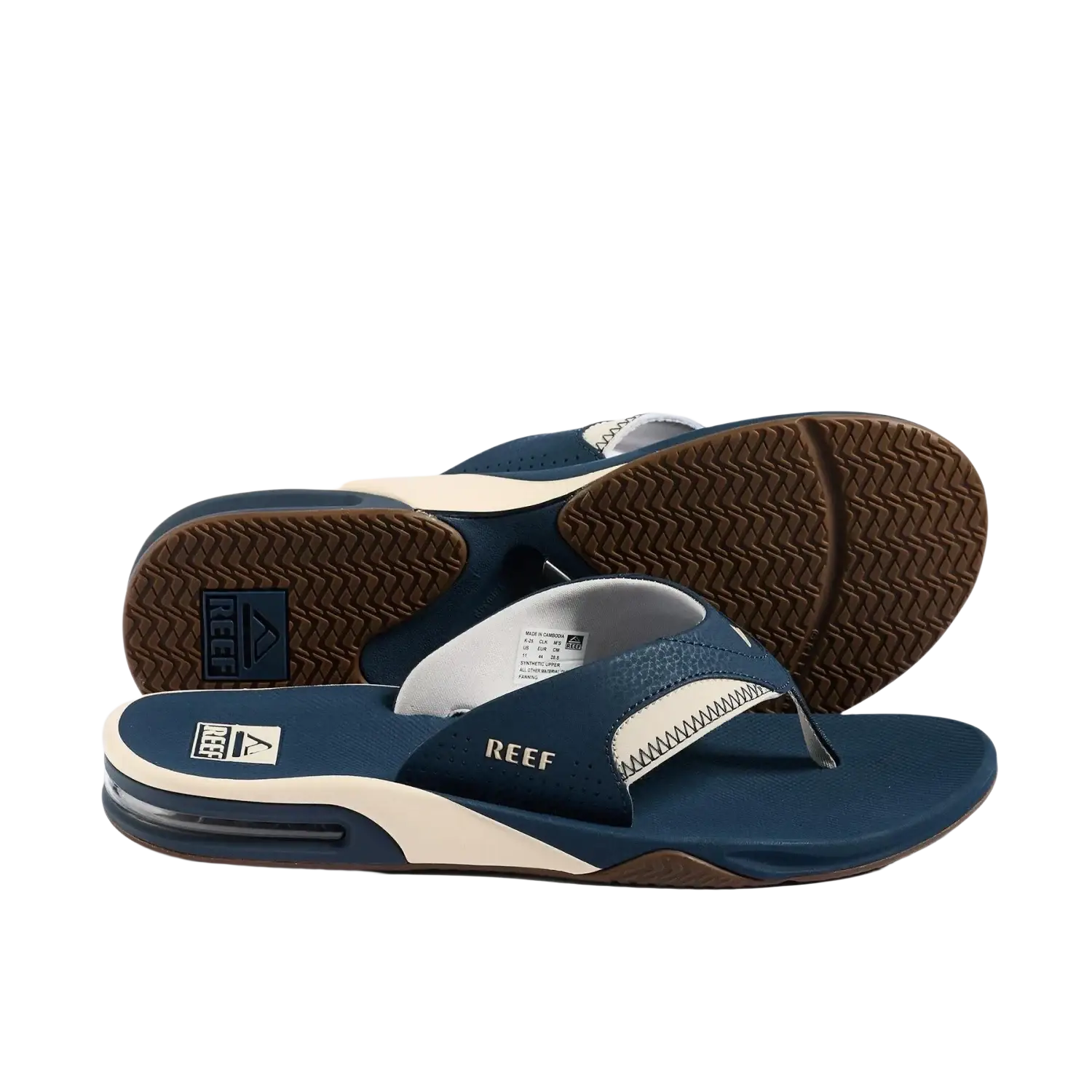 Reef Men's Fanning Sandal in navy/oat, pair sole view