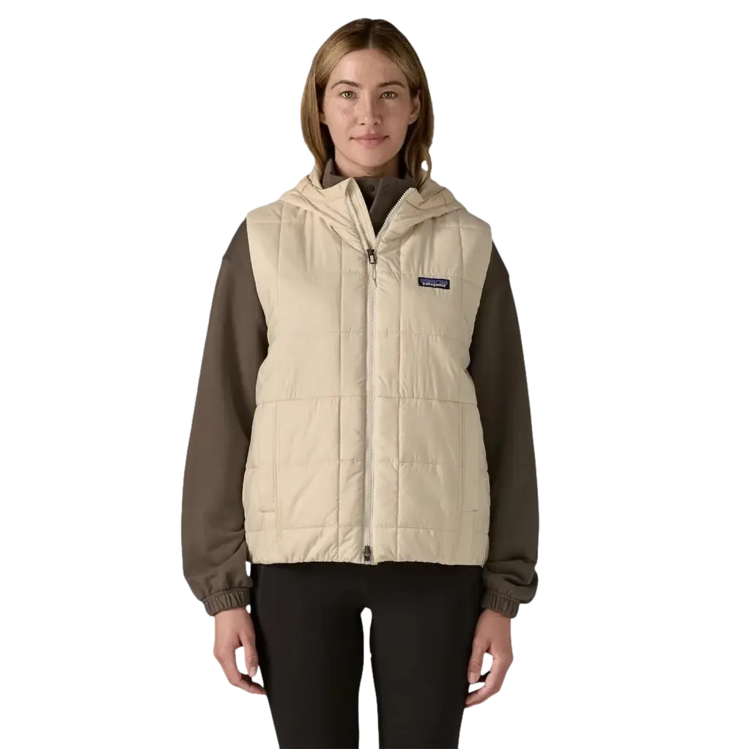 Patagonia Women's Light Gust Hooded Vest in natural, on model front view