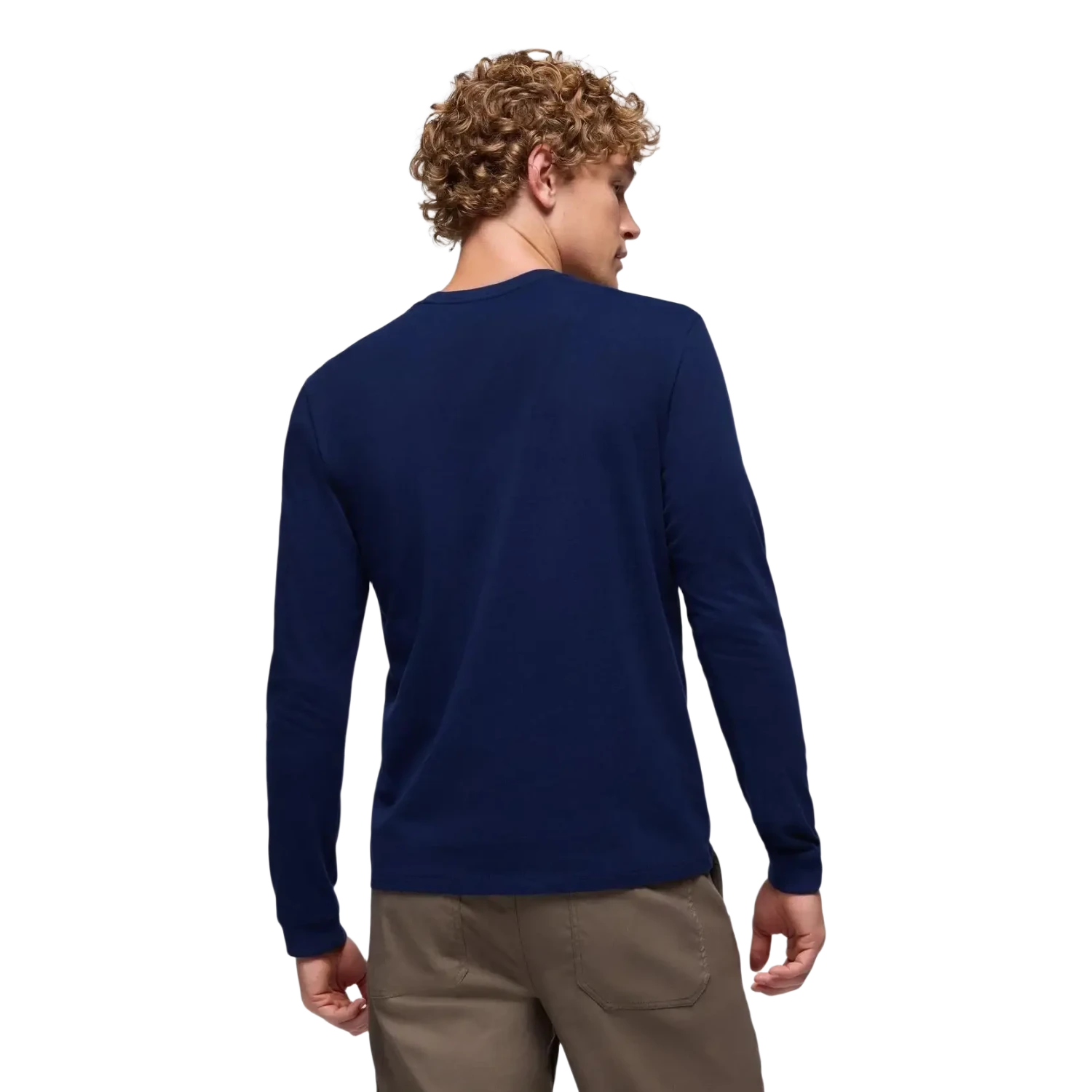 PrAna Men's Everyday Long Sleeve Tee in capulet blue, on model back view