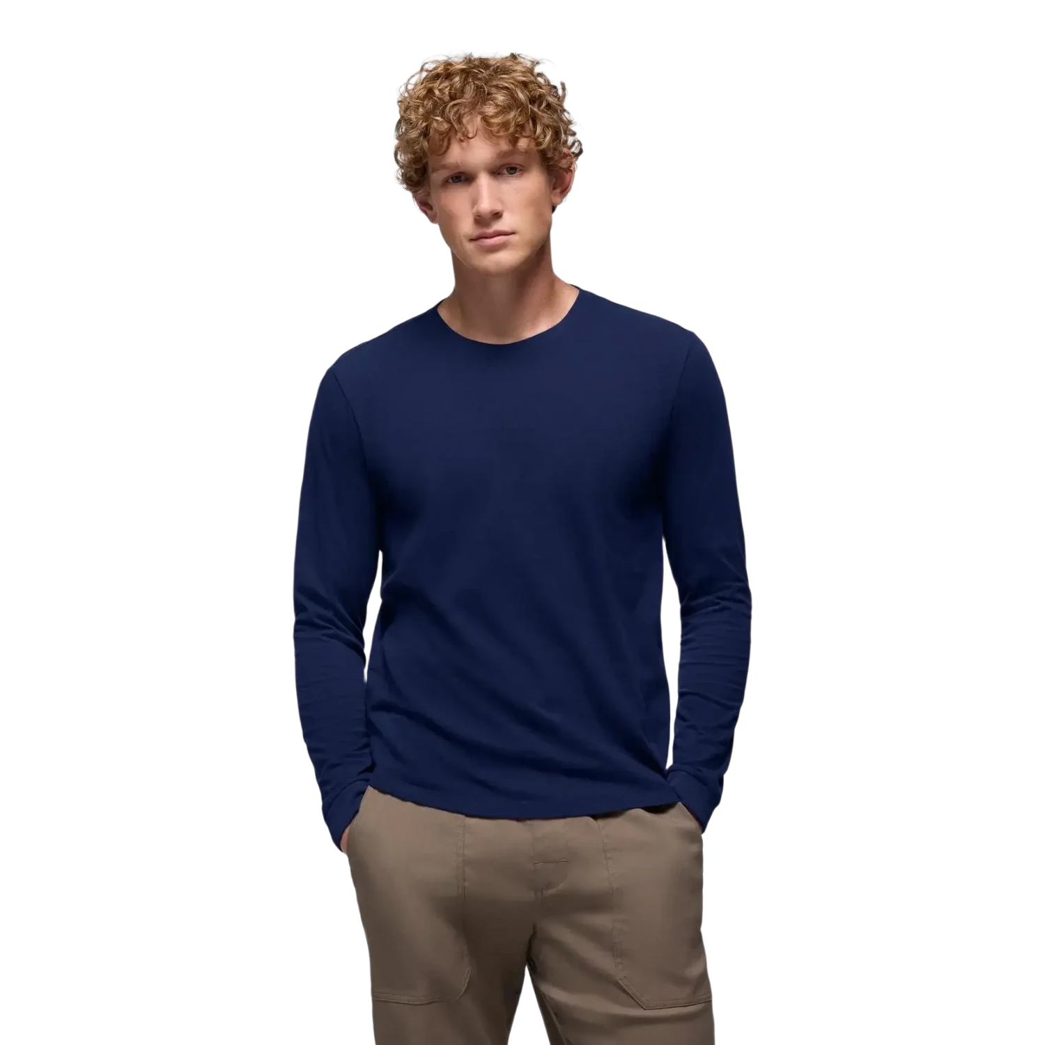 PrAna Men's Everyday Long Sleeve Tee in capulet blue, on model front view