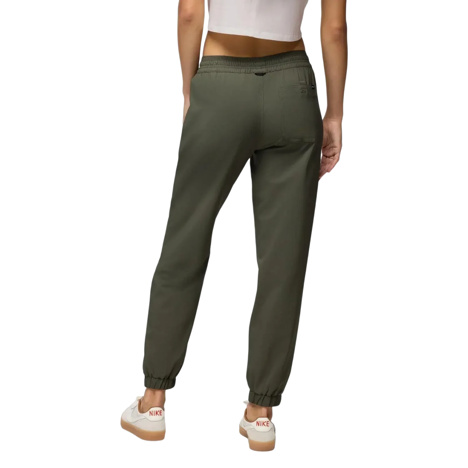 PrAna Women's Wonderland Rocks E-Waist Jogger in spruce, on model back view