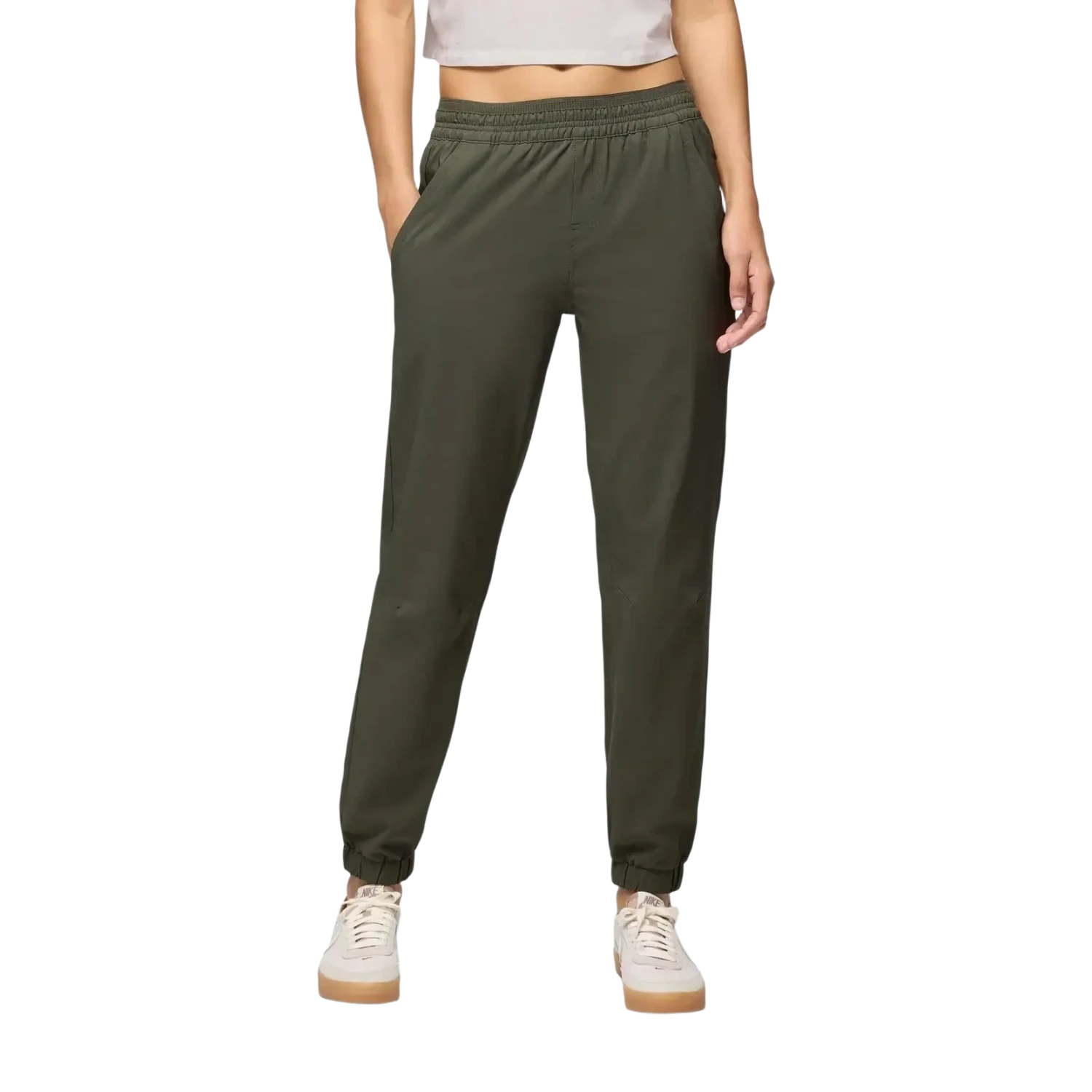 PrAna Women's Wonderland Rocks E-Waist Jogger in spruce, on model front view
