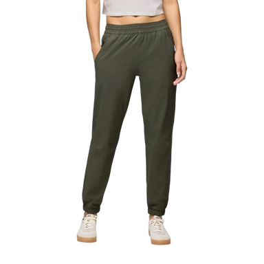 PrAna Women's Wonderland Rocks E-Waist Jogger in spruce, on model front view