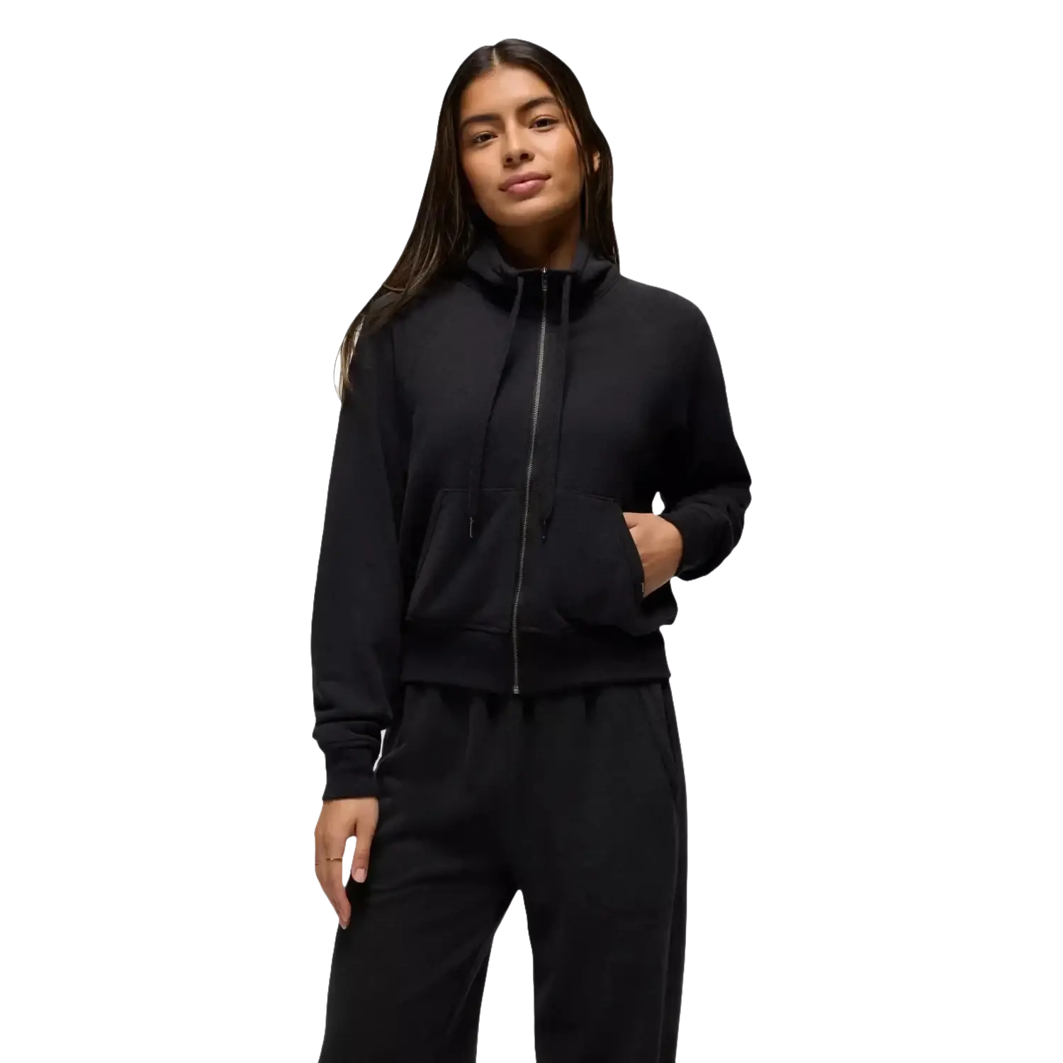 Prana Women's Cozy Up Full Zip in black, on model front view