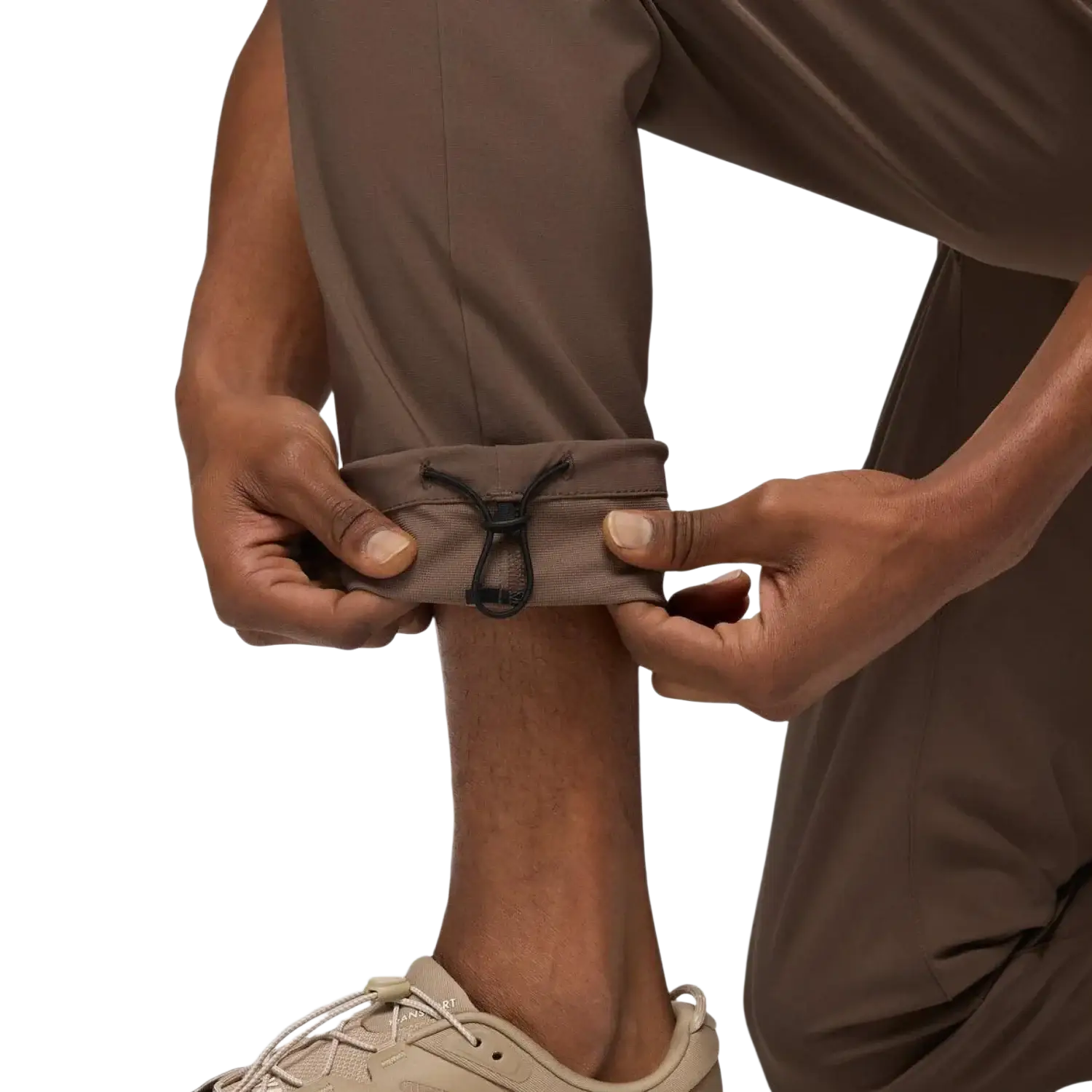 PrAna Men's Wonderland Rocks Pull-On Pant in mud, on model hem detail view