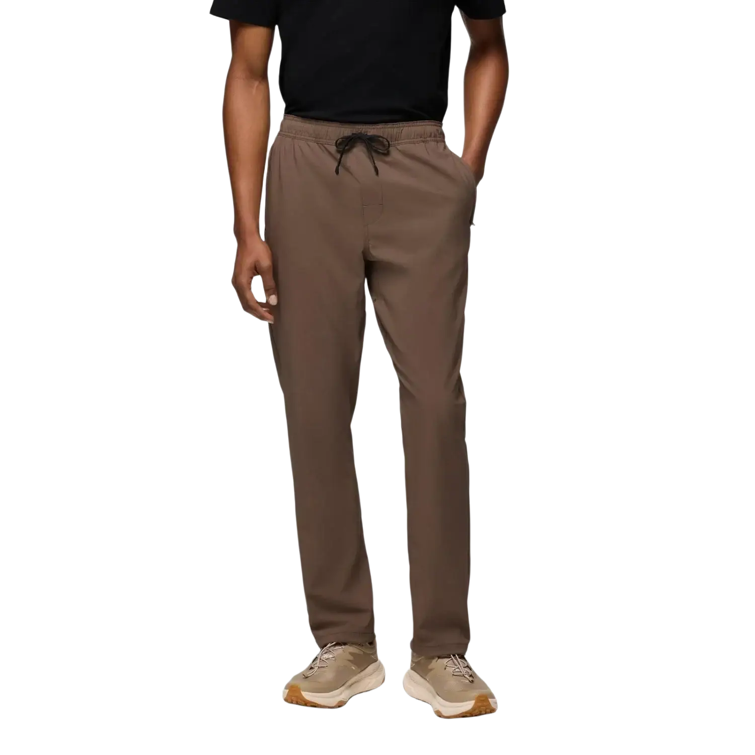 PrAna Men's Wonderland Rocks Pull-On Pant in mud, on model front view