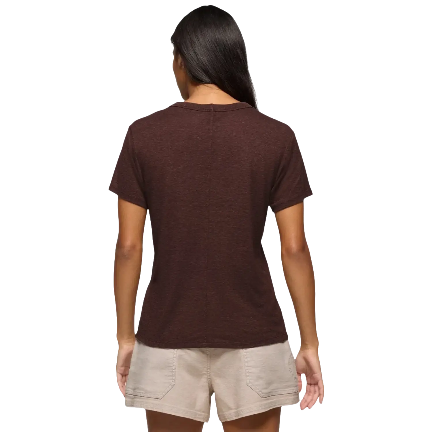 Prana Women's Cozy Up Short Sleeve Crew in mocha, on model back view