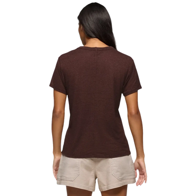 Prana Women's Cozy Up Short Sleeve Crew in mocha, on model back view