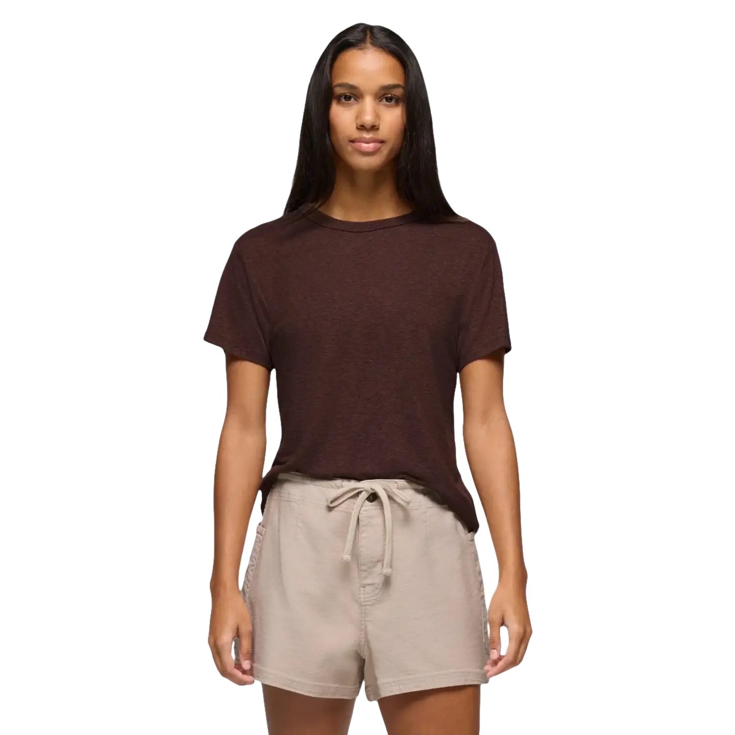 Prana Women's Cozy Up Short Sleeve Crew in mocha, on model front view