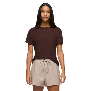 Prana Women's Cozy Up Short Sleeve Crew in mocha, on model front view