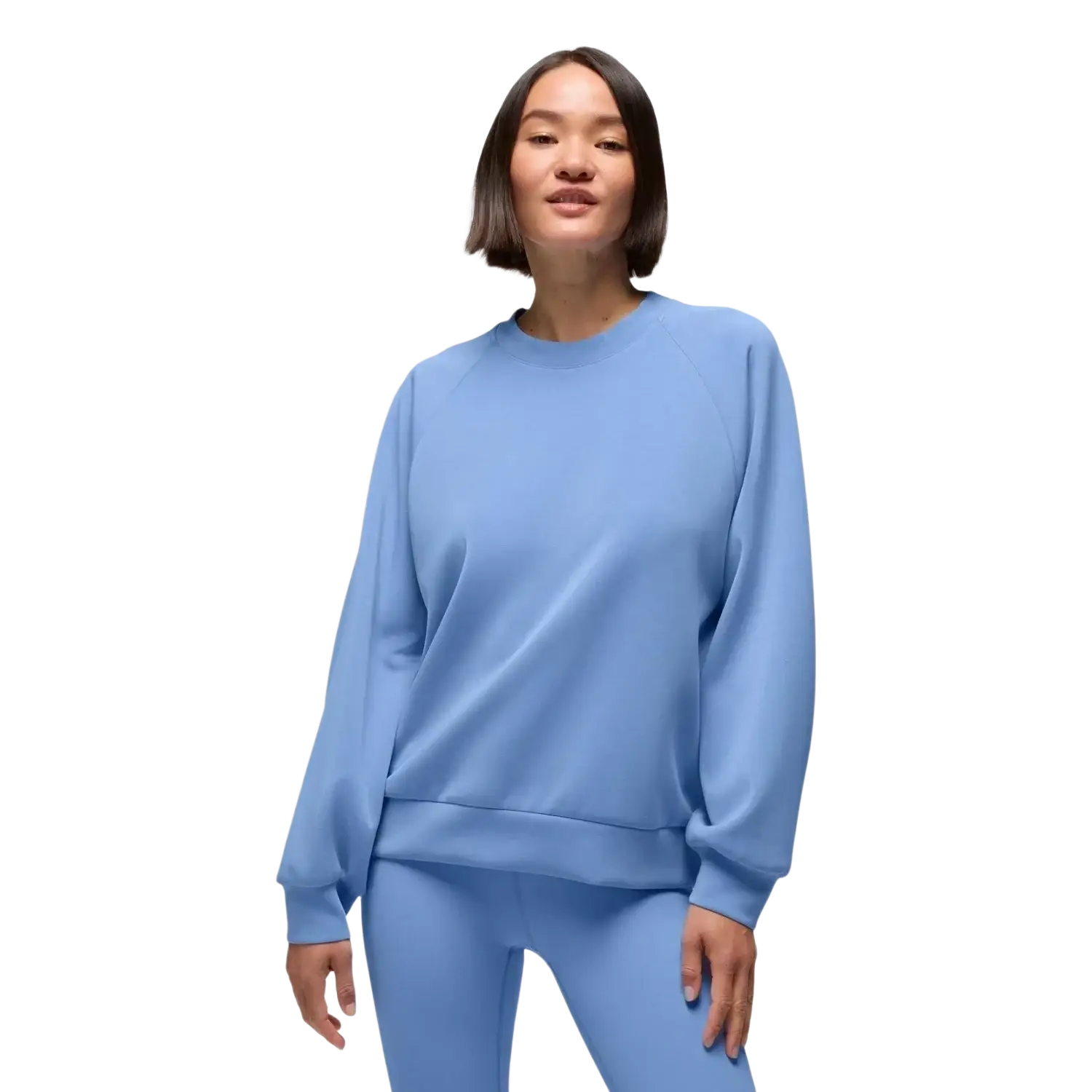 PrAna Women's Shea Soft Crewneck in blue vibes, on model front view