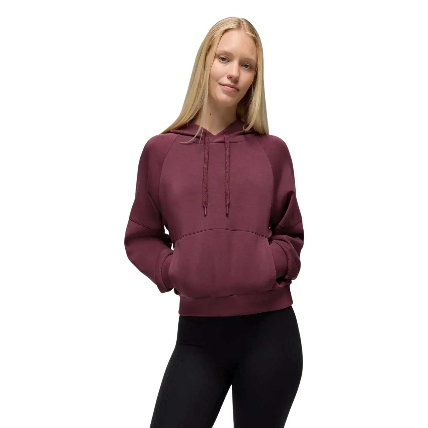 PrAna Women's Shea Soft Hoodie in deep vino, on model front view