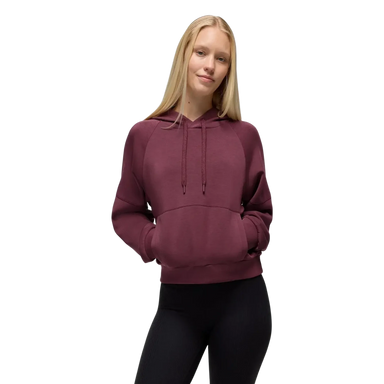 PrAna Women's Shea Soft Hoodie in deep vino, on model front view