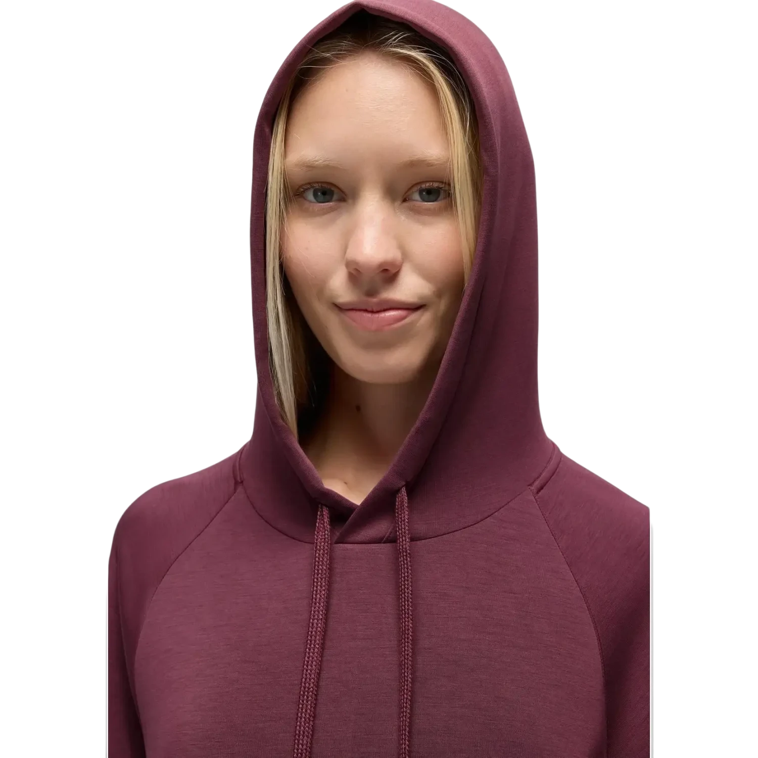 PrAna Women's Shea Soft Hoodie in deep vino, on model front view