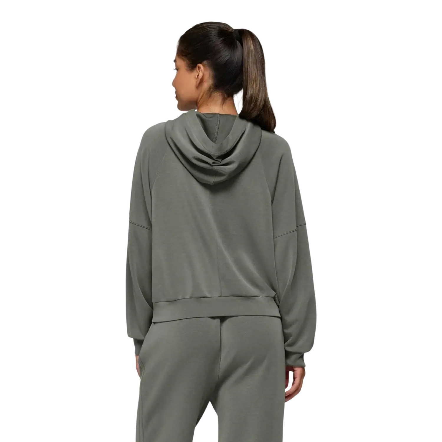 PrAna Women's Shea Full Zip Hoodie in thyme, on model back view