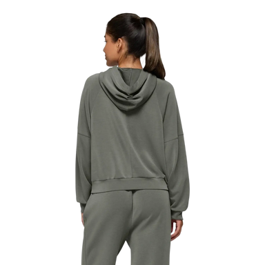 PrAna Women's Shea Full Zip Hoodie in thyme, on model back view
