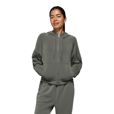 PrAna Women's Shea Full Zip Hoodie in thyme, on model font view