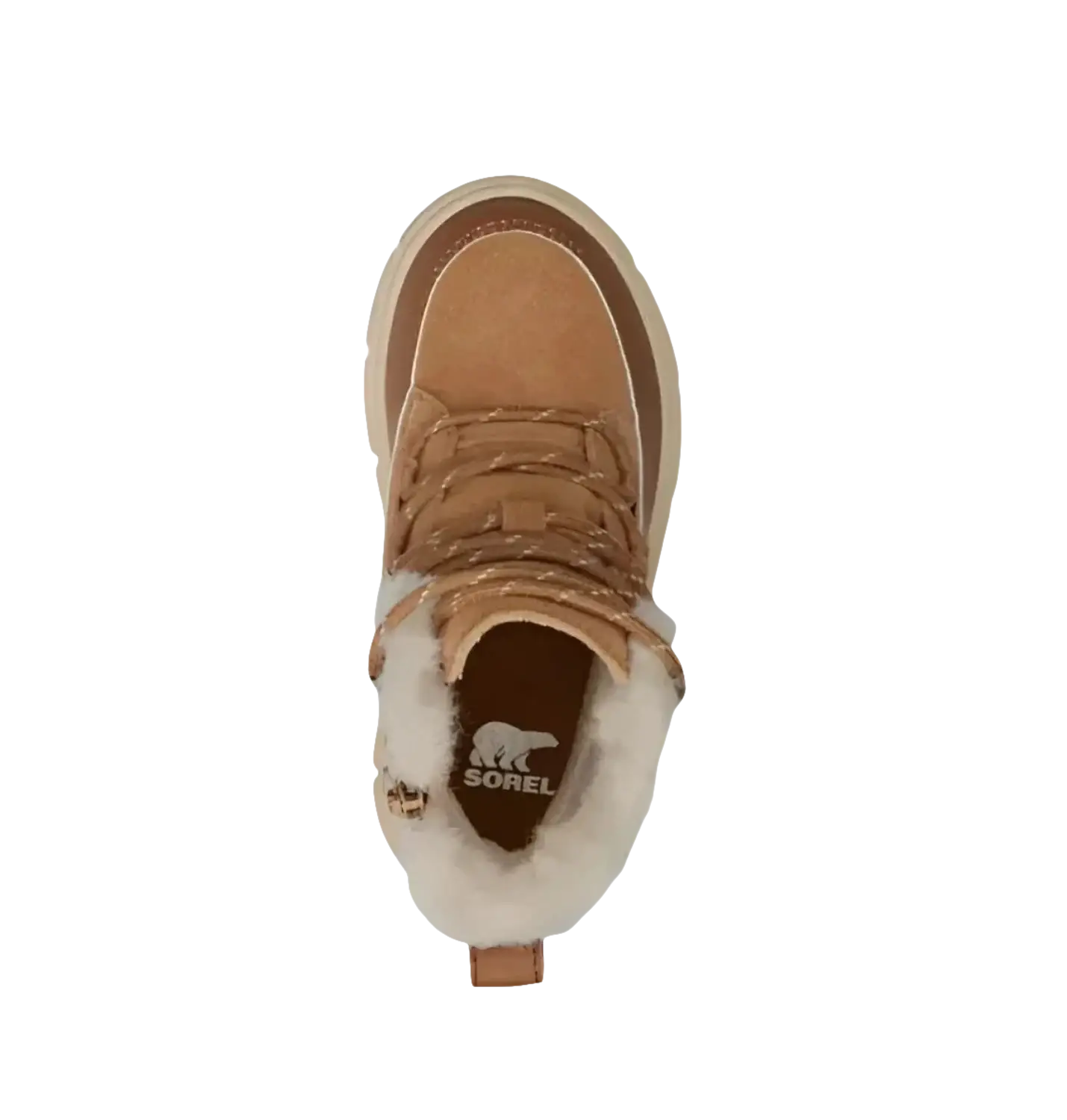 Sorel Kid's EXPLORER™ III Waterproof Boot in tawny buff & bleached ceramic, top view