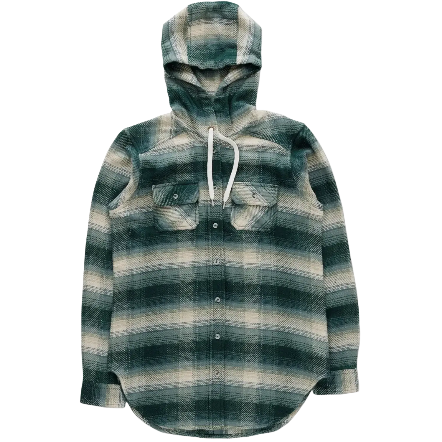KAVU Women's Jess Hooded Flannel in greenwood, flat front view