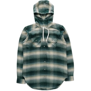 KAVU Women's Jess Hooded Flannel in greenwood, flat front view