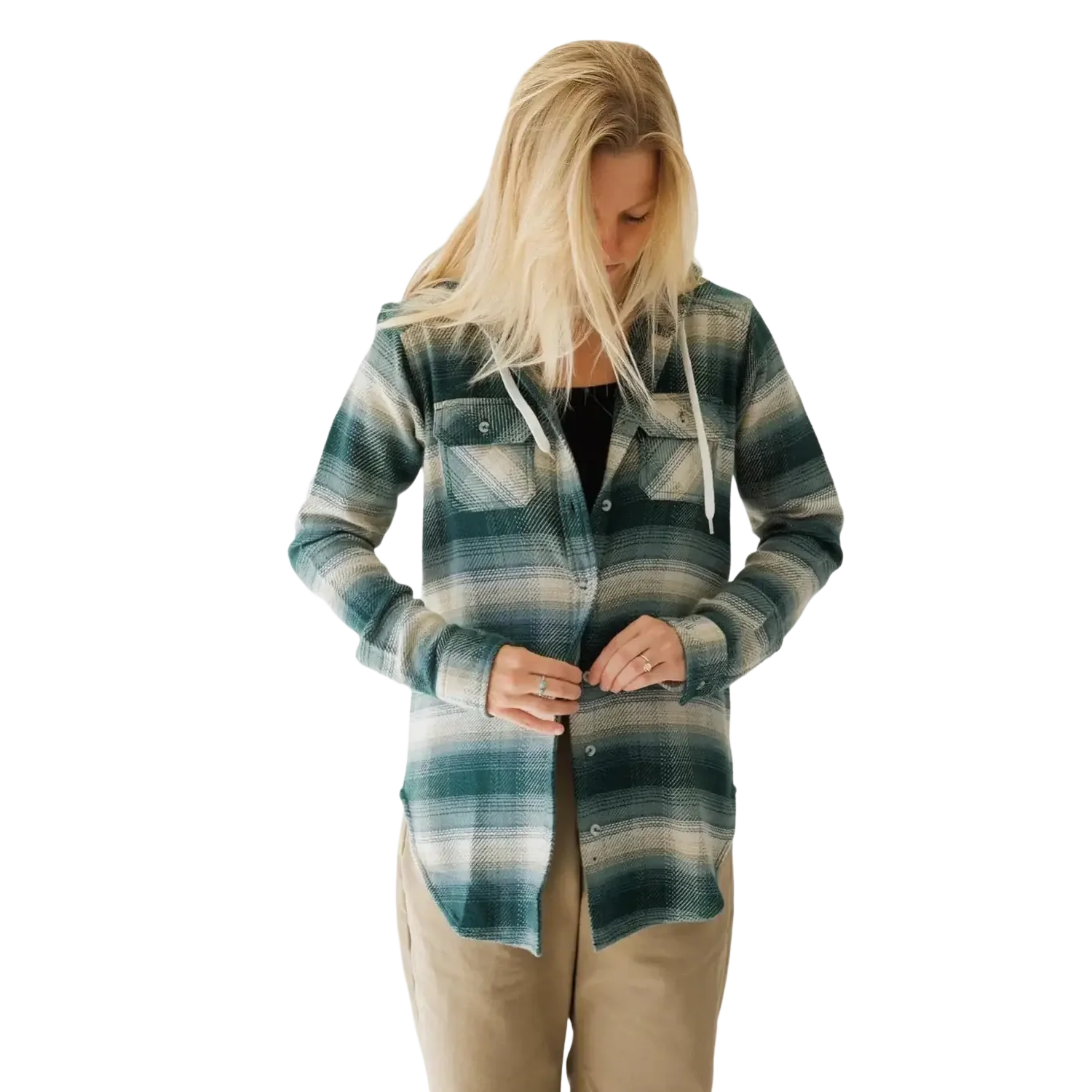KAVU Women's Jess Hooded Flannel in greenwood, model front view