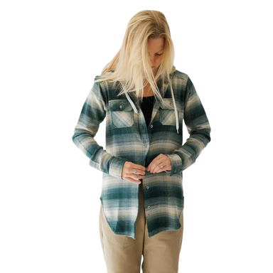 KAVU Women's Jess Hooded Flannel in greenwood, model front view
