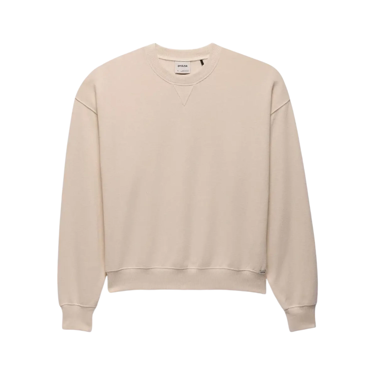 PrAna Women's Cozy Up Crew Sweatshirt in canvas heather, on model front view