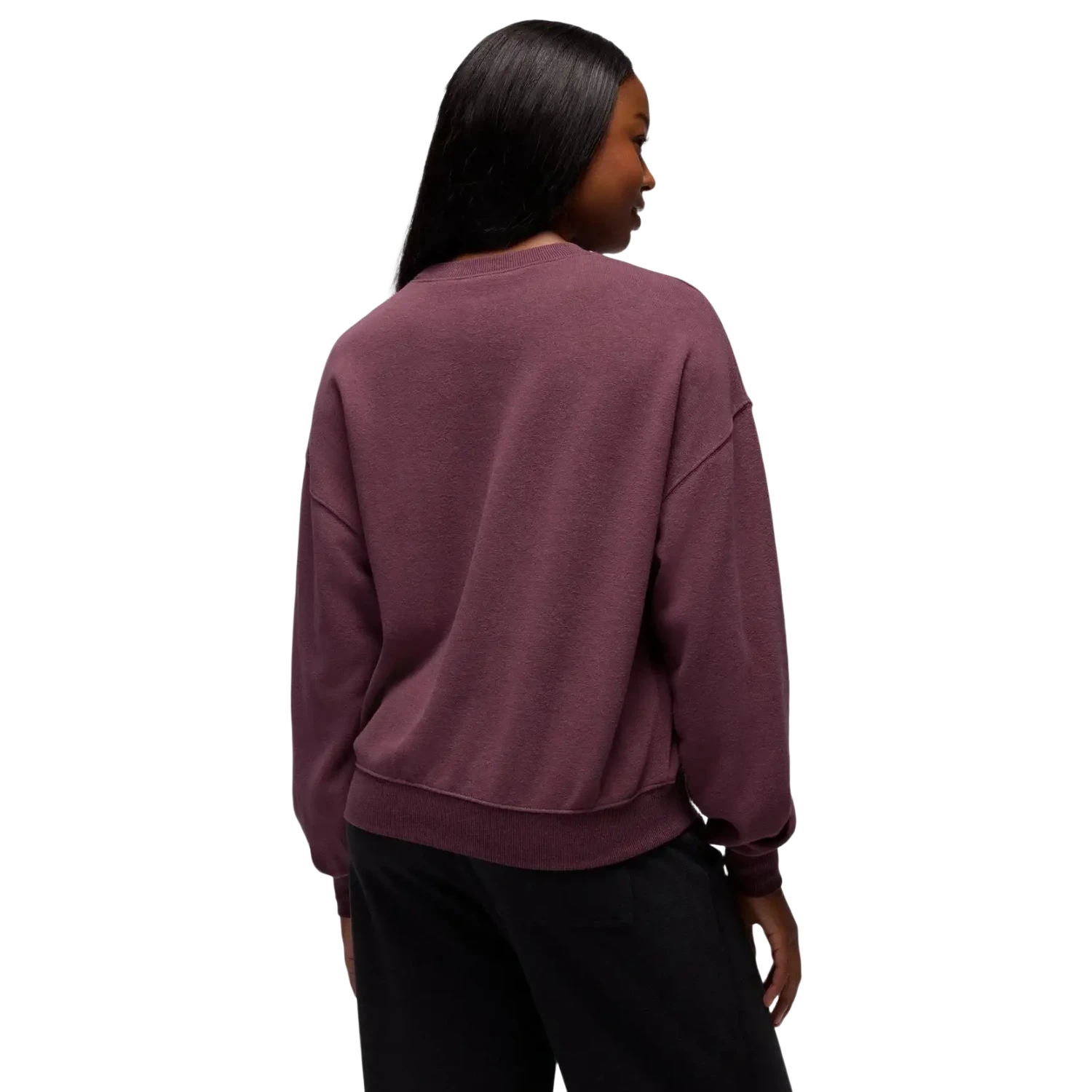 PrAna Women's Cozy Up Crew Sweatshirt in vino, on model back view
