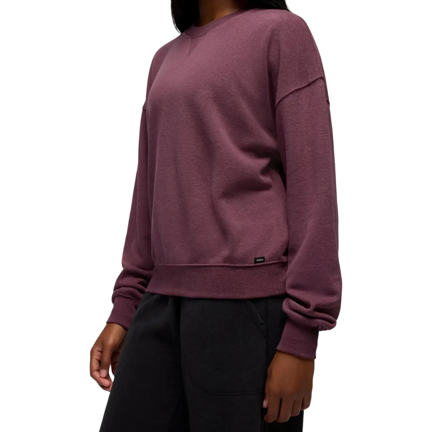 PrAna Women's Cozy Up Crew Sweatshirt in vino, on model front detail view