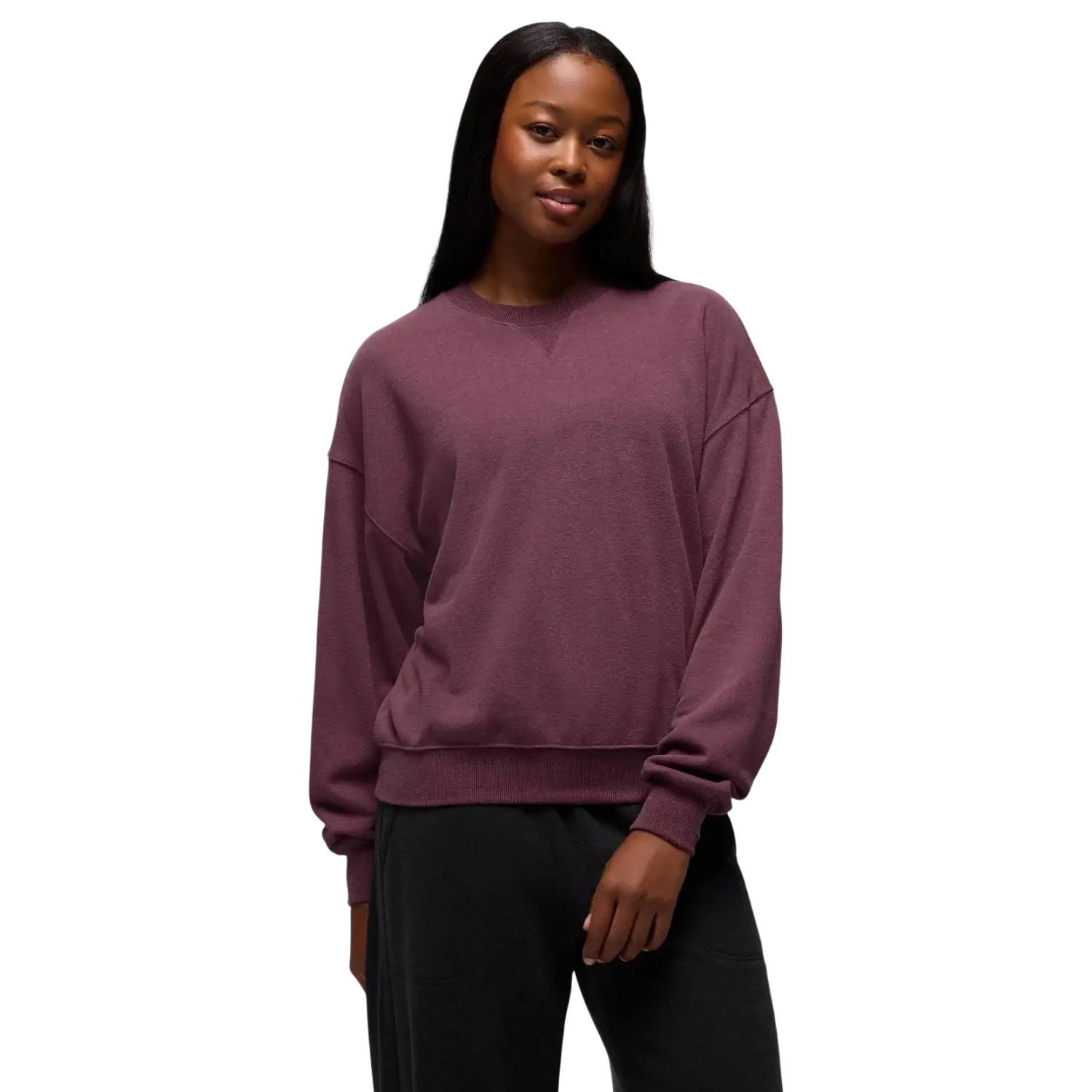 PrAna Women's Cozy Up Crew Sweatshirt in vino, on model front view