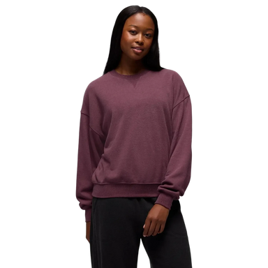 PrAna Women's Cozy Up Crew Sweatshirt in vino, on model front view