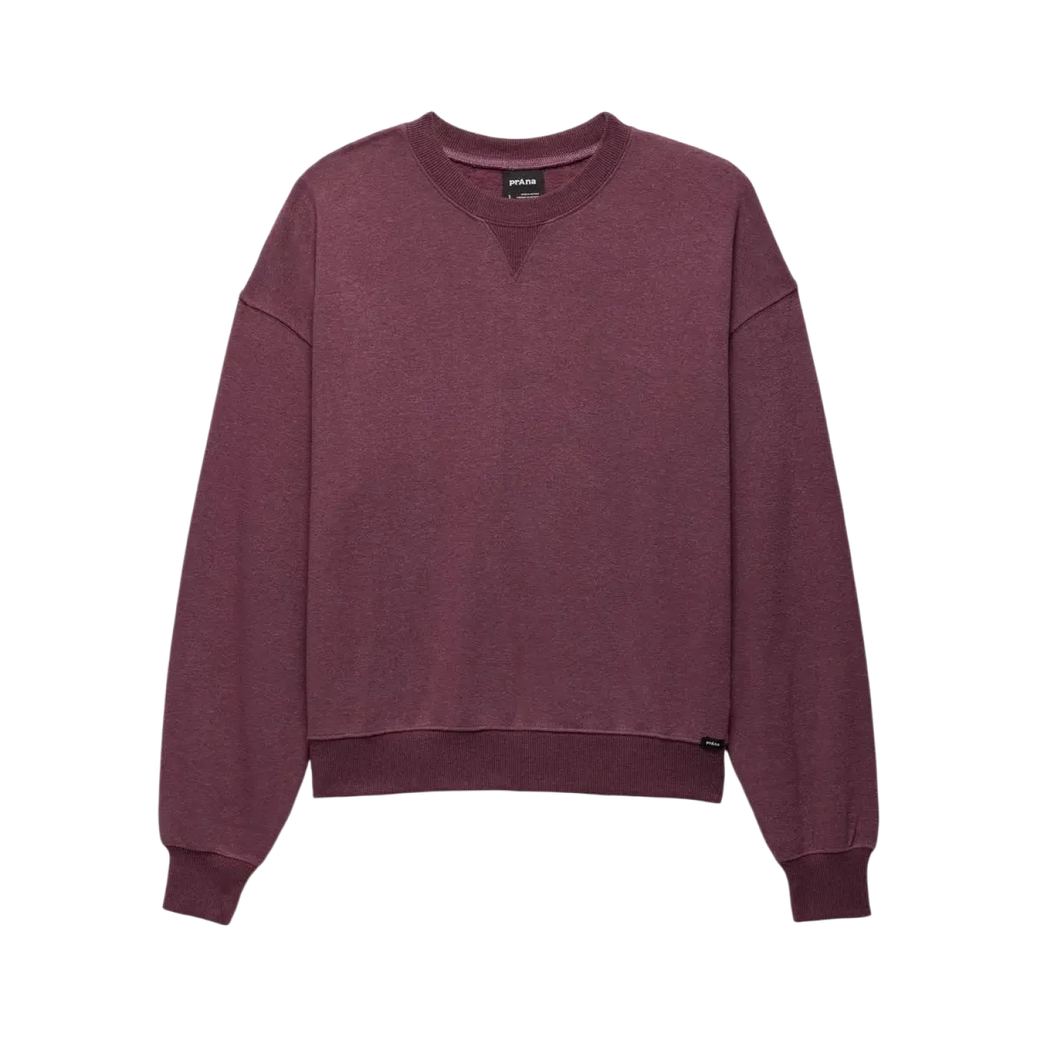 PrAna Women's Cozy Up Crew Sweatshirt in vino, flat front view