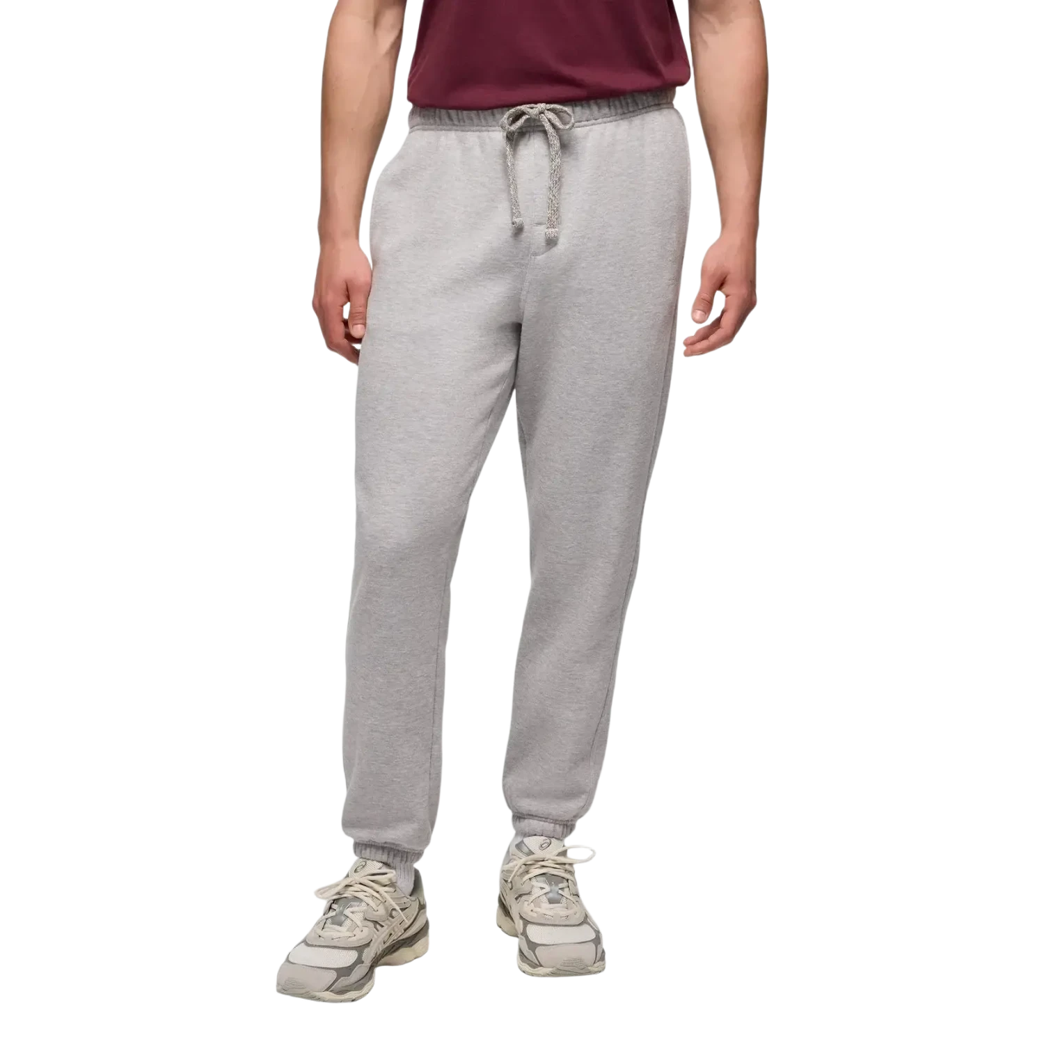 PrAna M's prAna Fleece Sweatpant in heather grey, on model front view