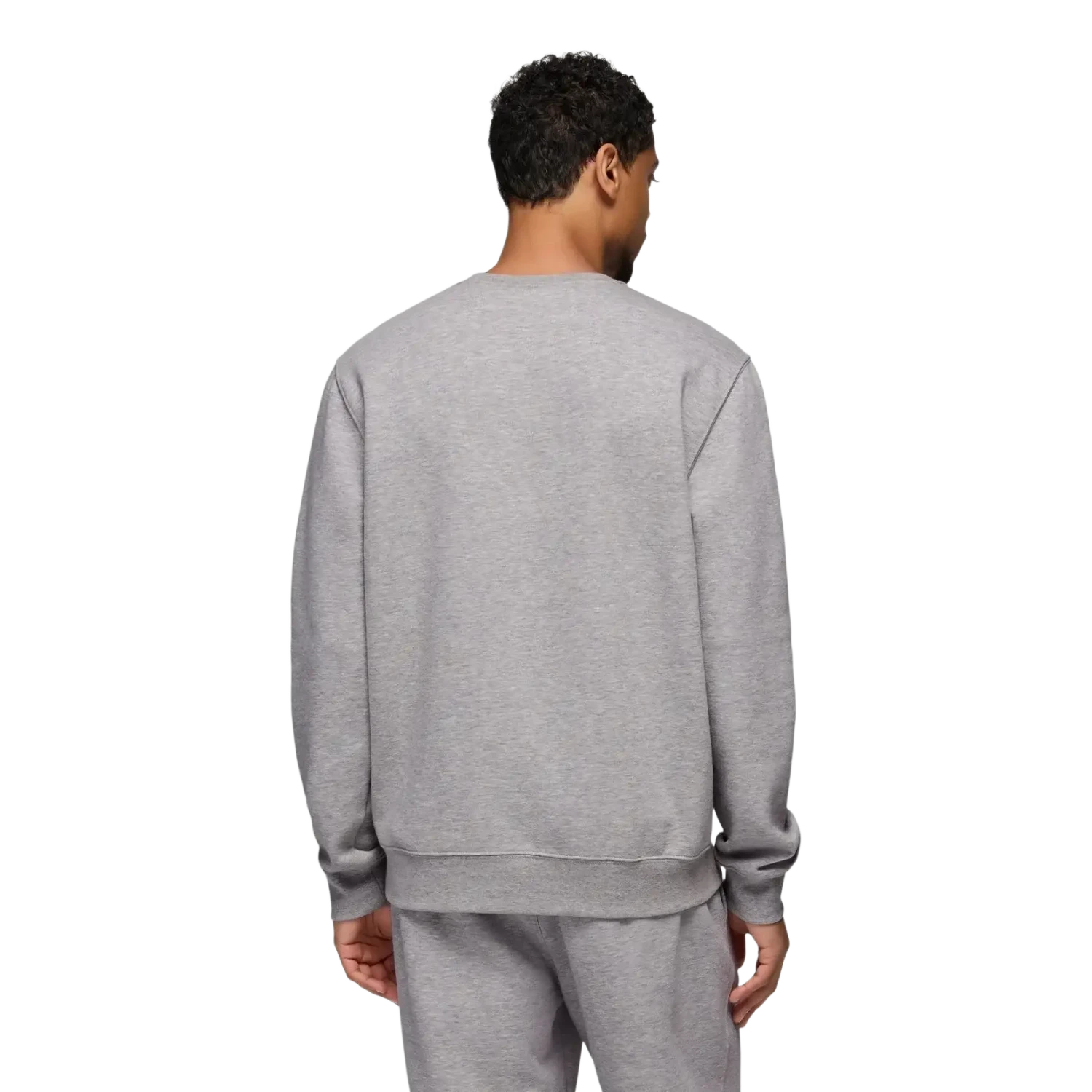 PrAna Men's Fleece Crew Sweatshirt in heather grey, on model back view