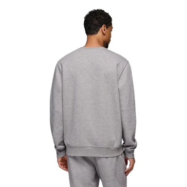 PrAna Men's Fleece Crew Sweatshirt in heather grey, on model back view