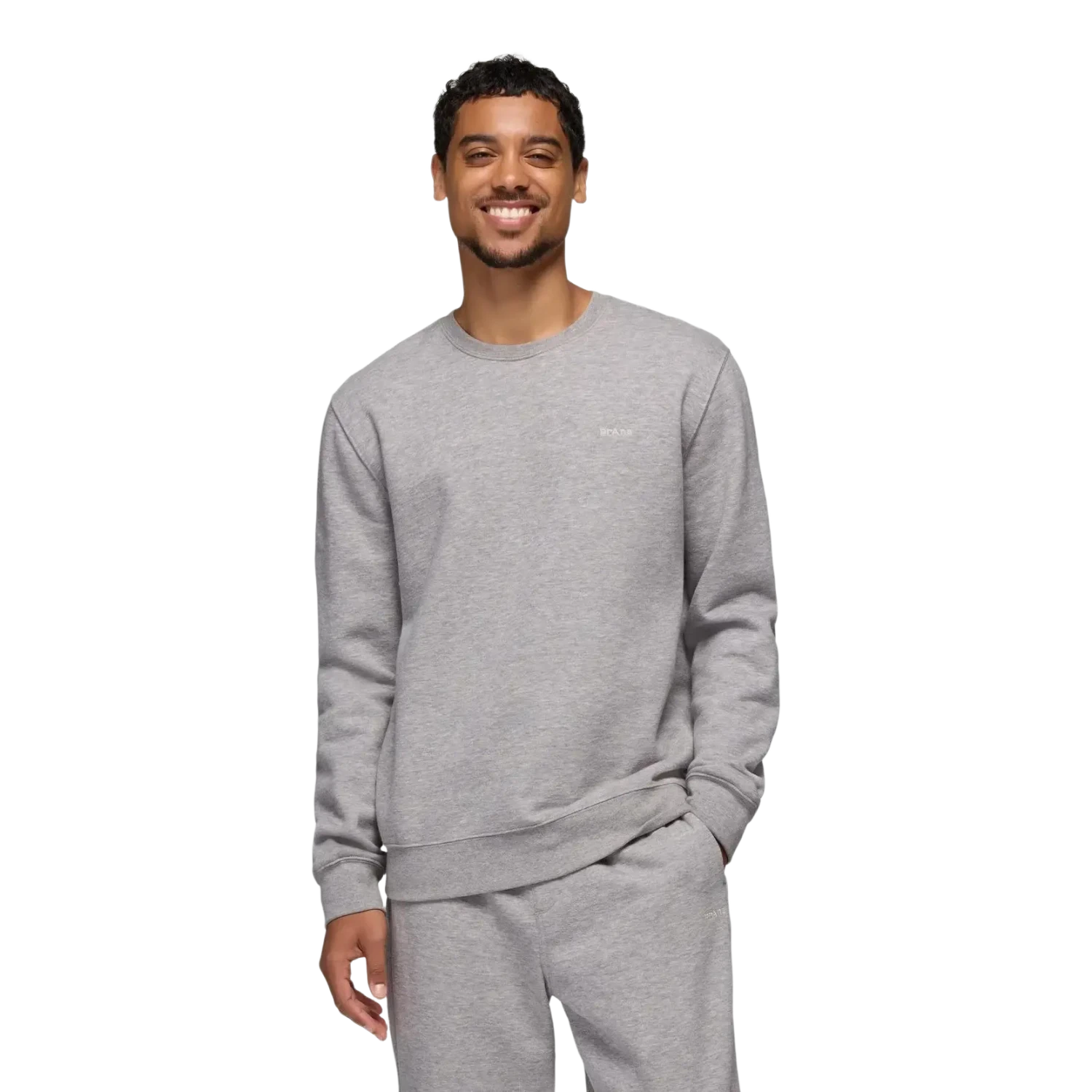 PrAna Men's Fleece Crew Sweatshirt in heather grey, on model front view