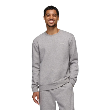 PrAna Men's Fleece Crew Sweatshirt in heather grey, on model front view